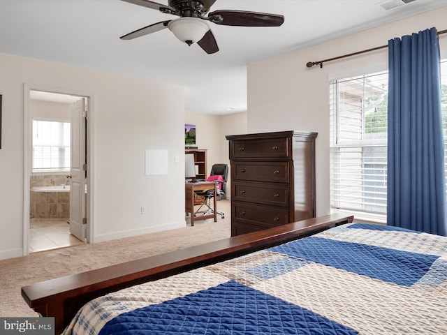 83 Clarence Ave, Severna Park, MD 21146 - bedroom featuring light colored carpet, baseboards, an office area, connected bathroom, and a ceiling fan