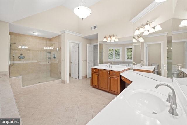1 Derbyshire Way, Wilmington, DE 19807 - bathroom featuring tile patterned flooring, two vanities, a stall shower, and a chandelier