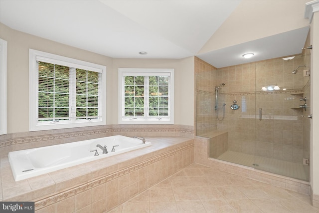 1 Derbyshire Way, Wilmington, DE 19807 - full bath featuring a garden tub, a stall shower, tile patterned flooring, and lofted ceiling