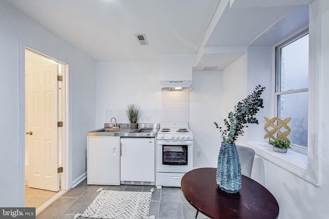 251 8th St NE, Washington, DC 20002 - kitchen featuring white electric range, a sink, white cabinetry, and light tile patterned flooring