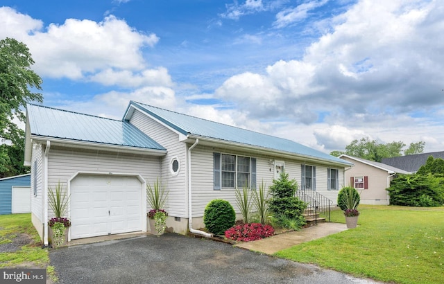 4 Thatcher St, Frankford, DE 19945 - ranch-style house featuring an attached garage, a front yard, a metal roof, asphalt driveway, and crawl space
