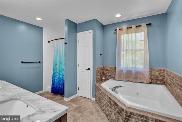 701 Antietam Dr, Douglassville, PA 19518 - full bath featuring a jetted tub, double vanity, a shower with shower curtain, and recessed lighting