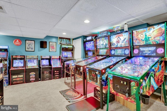 701 Antietam Dr, Douglassville, PA 19518 - rec room featuring a paneled ceiling, carpet floors, and recessed lighting