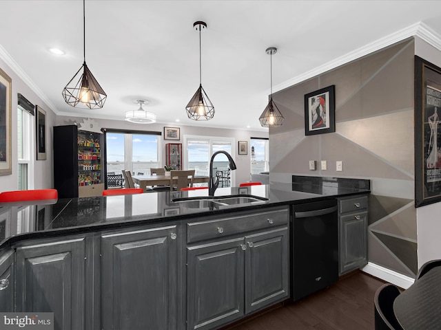 9112 Chesapeake Ave, Sparrows Point, MD 21219 - kitchen featuring dishwasher, a sink, dark wood-style flooring, crown molding, and hanging light fixtures