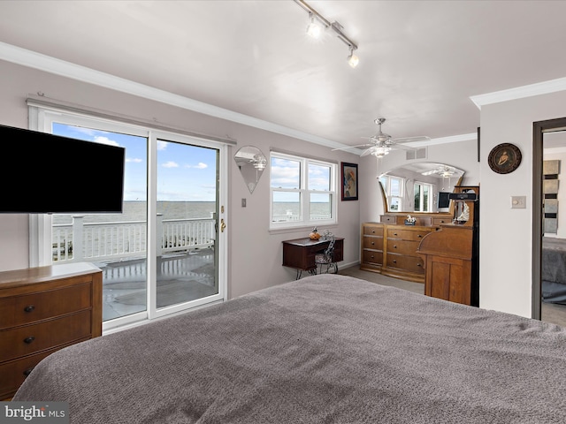 9112 Chesapeake Ave, Sparrows Point, MD 21219 - bedroom featuring access to exterior, track lighting, crown molding, carpet floors, and a ceiling fan