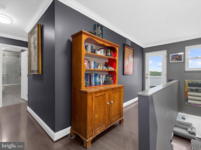 9112 Chesapeake Ave, Sparrows Point, MD 21219 - hallway featuring baseboards, dark wood finished floors, and ornamental molding