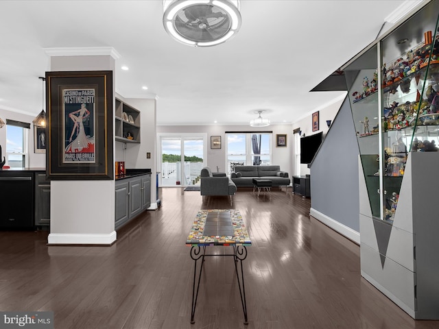 9112 Chesapeake Ave, Sparrows Point, MD 21219 - living room featuring ornamental molding, dark wood finished floors, recessed lighting, baseboards, and ceiling fan