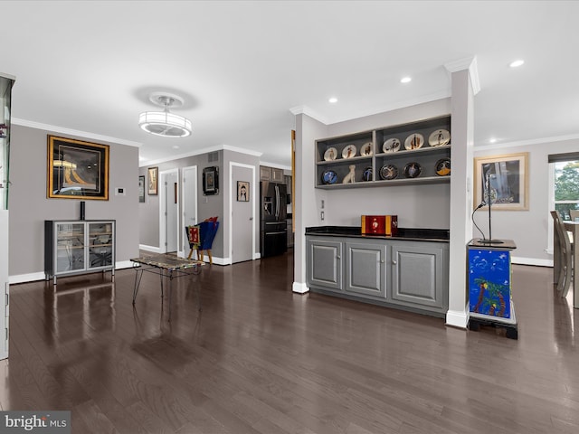 9112 Chesapeake Ave, Sparrows Point, MD 21219 - bar with crown molding, baseboards, dark wood-type flooring, refrigerator with ice dispenser, and recessed lighting