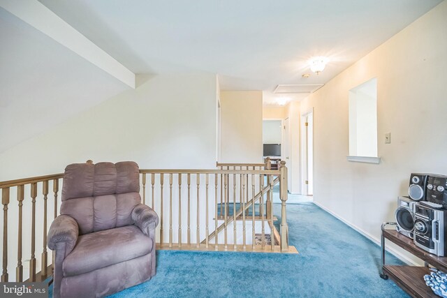 56 Ridgewood Way, Burlington, NJ 08016 - living area featuring carpet, an upstairs landing, and baseboards