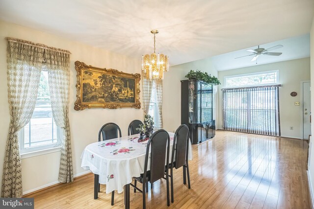 56 Ridgewood Way, Burlington, NJ 08016 - dining room featuring a chandelier, wood finished floors, a ceiling fan, and baseboards