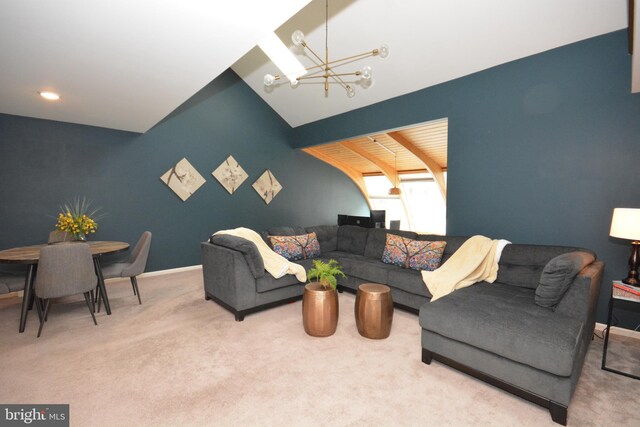 138 Pepperton Ct, Lititz, PA 17543 - living room featuring a chandelier, lofted ceiling, carpet flooring, and baseboards