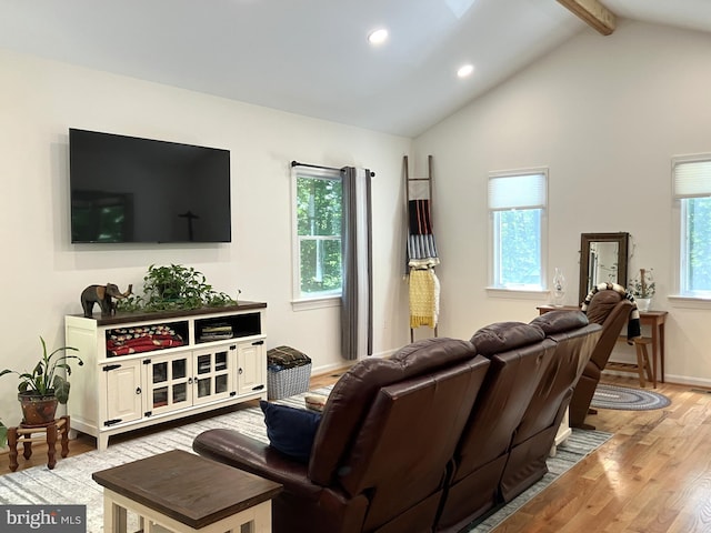 347 Lakewood Cir, Mineral, VA 23117 - living area with beamed ceiling, light wood-type flooring, recessed lighting, baseboards, and high vaulted ceiling