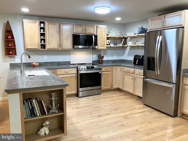 347 Lakewood Cir, Mineral, VA 23117 - kitchen featuring open shelves, appliances with stainless steel finishes, a sink, a peninsula, and light brown cabinetry