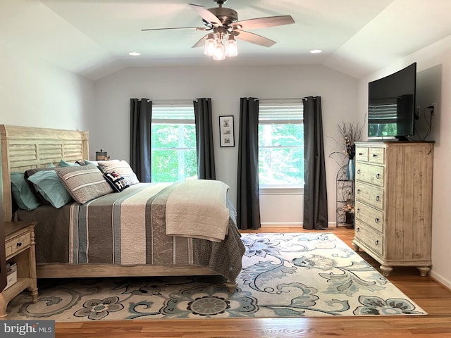 347 Lakewood Cir, Mineral, VA 23117 - bedroom featuring vaulted ceiling, multiple windows, light wood-style floors, a ceiling fan, and baseboards