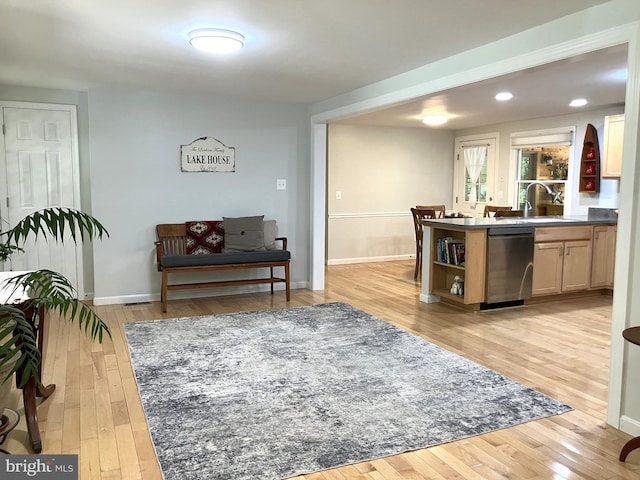 347 Lakewood Cir, Mineral, VA 23117 - kitchen with stainless steel dishwasher, light wood-style flooring, baseboards, a sink, and open shelves