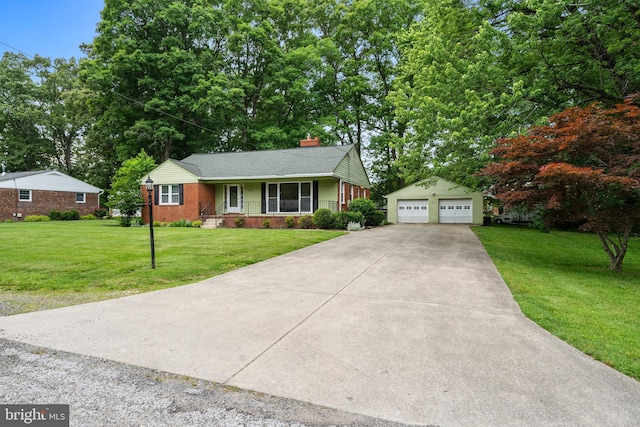 12836 Leman Ln, Waldorf, MD 20601 - ranch-style home featuring an outbuilding, a chimney, a detached garage, a front yard, and brick siding