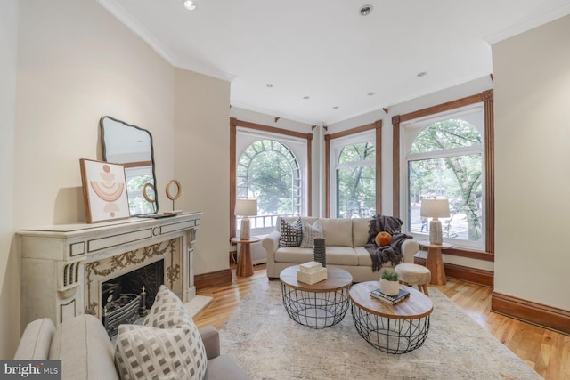 1752 17th St NW, Washington, DC 20009 - living room with baseboards, ornamental molding, light wood-type flooring, a high end fireplace, and recessed lighting