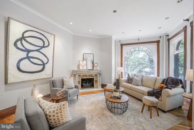 1752 17th St NW, Washington, DC 20009 - living room with plenty of natural light, wood finished floors, ornamental molding, baseboards, and a high end fireplace