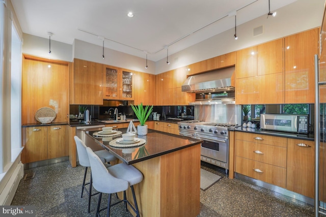 1752 17th St NW, Washington, DC 20009 - kitchen with stainless steel appliances, wall chimney range hood, brown cabinets, and dark countertops
