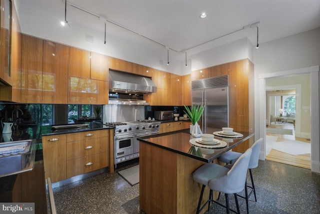 1752 17th St NW, Washington, DC 20009 - kitchen with high quality appliances, wall chimney range hood, rail lighting, and brown cabinetry