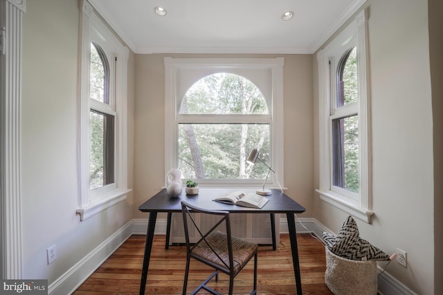 1752 17th St NW, Washington, DC 20009 - office featuring wood finished floors, baseboards, ornamental molding, and recessed lighting