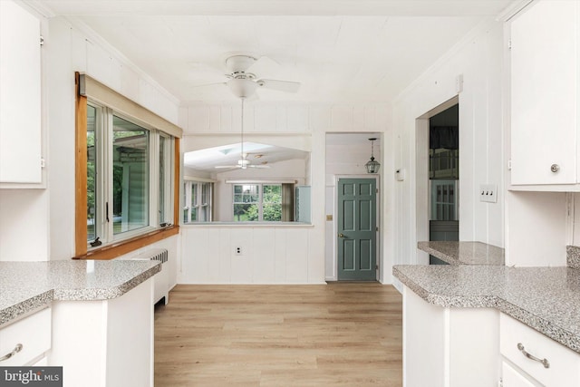 1010 Hampton Dr, Eastampton, NJ 08060 - kitchen featuring a ceiling fan, crown molding, light wood-style floors, white cabinets, and light countertops