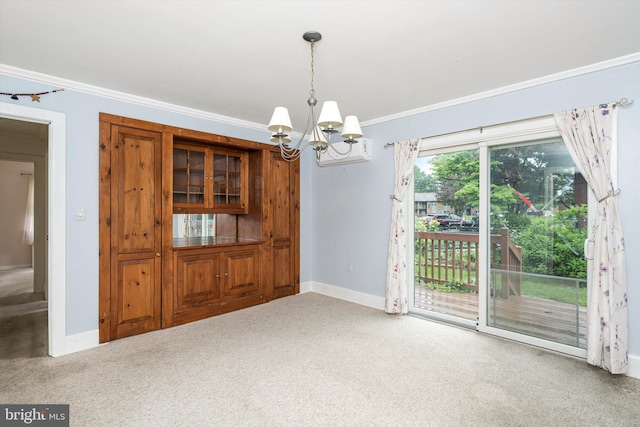 1010 Hampton Dr, Eastampton, NJ 08060 - unfurnished dining area with carpet floors, a chandelier, crown molding, and baseboards