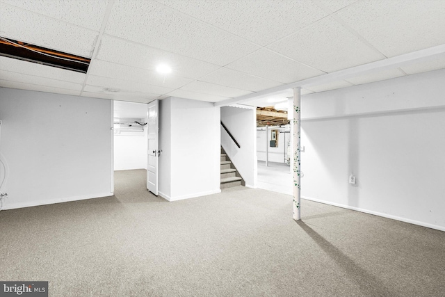 1010 Hampton Dr, Eastampton, NJ 08060 - finished basement with stairway, a drop ceiling, carpet, and baseboards