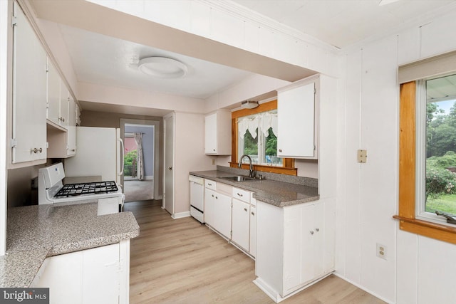 1010 Hampton Dr, Eastampton, NJ 08060 - kitchen featuring white appliances, a sink, light wood-style floors, white cabinets, and ornamental molding