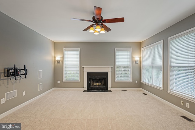 46825 Northbrook Way, Sterling, VA 20164 - unfurnished living room with ceiling fan, a fireplace, baseboards, and carpet floors