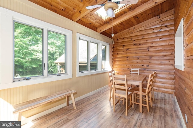 26 Wallamsey Ln, Chesapeake City, MD 21915 - dining space with ceiling fan, wood finished floors, wood ceiling, and rustic walls