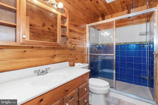 26 Wallamsey Ln, Chesapeake City, MD 21915 - full bathroom with toilet, vanity, a shower stall, tile patterned floors, and wooden walls