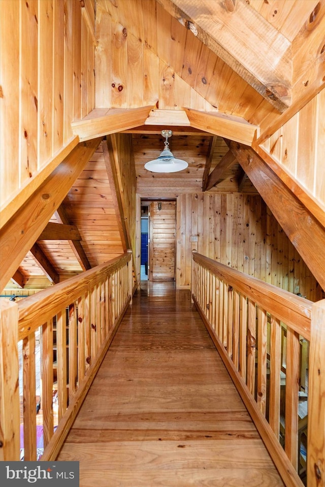 26 Wallamsey Ln, Chesapeake City, MD 21915 - corridor with wooden walls, hardwood / wood-style floors, and wooden ceiling with exposed beams