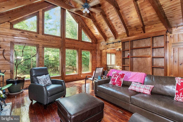 26 Wallamsey Ln, Chesapeake City, MD 21915 - living room with wood walls, high vaulted ceiling, wooden ceiling with exposed beams, wood-type flooring, and a ceiling fan