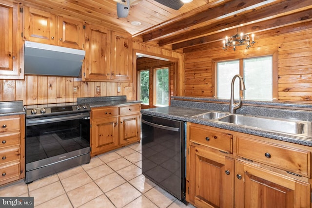 26 Wallamsey Ln, Chesapeake City, MD 21915 - kitchen with dishwasher, stainless steel electric range, under cabinet range hood, a sink, and wood walls