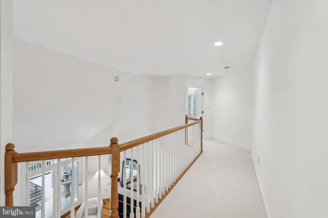 8109 Crooked Oaks Ct, Gainesville, VA 20155 - hall featuring recessed lighting, carpet flooring, an upstairs landing, baseboards, and lofted ceiling