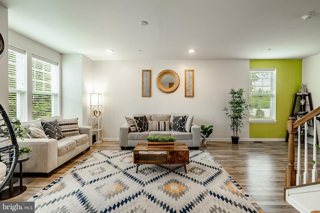 340 Dawson Pl, Downingtown, PA 19335 - living area featuring plenty of natural light, baseboards, wood finished floors, and recessed lighting