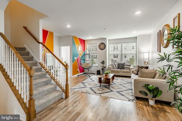 340 Dawson Pl, Downingtown, PA 19335 - living room with wood finished floors, stairs, recessed lighting, and baseboards