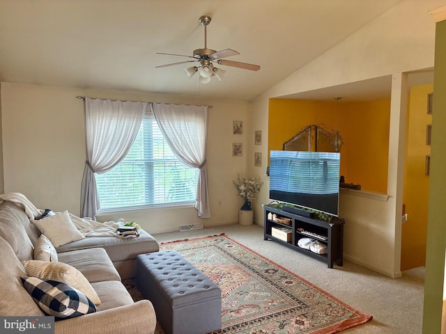 21 Georgie Ln, Richland, PA 17087 - living room with ceiling fan, carpet floors, and lofted ceiling