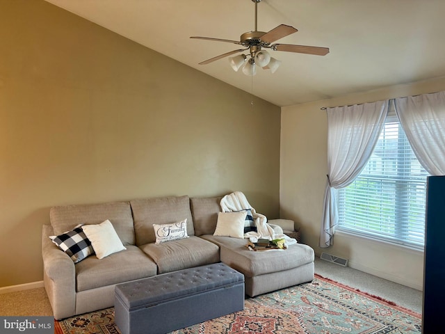 21 Georgie Ln, Richland, PA 17087 - living area with vaulted ceiling, ceiling fan, carpet, and baseboards