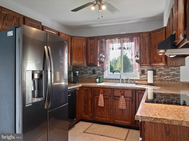 123 Windy Meadows Ct, Front Royal, VA 22630 - kitchen with black appliances, a sink, decorative backsplash, and a ceiling fan