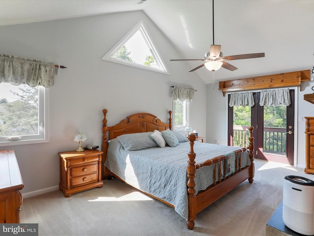 123 Windy Meadows Ct, Front Royal, VA 22630 - bedroom with access to outside, carpet floors, ceiling fan, baseboards, and high vaulted ceiling