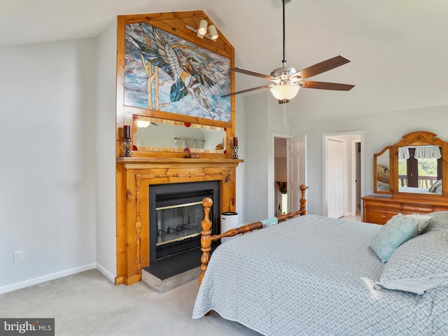 123 Windy Meadows Ct, Front Royal, VA 22630 - carpeted bedroom featuring vaulted ceiling, a fireplace, baseboards, and a ceiling fan