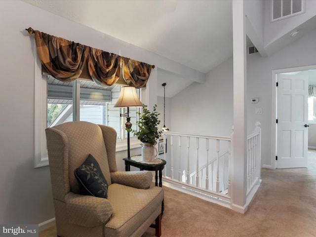 123 Windy Meadows Ct, Front Royal, VA 22630 - living area with carpet floors, an upstairs landing, baseboards, and lofted ceiling