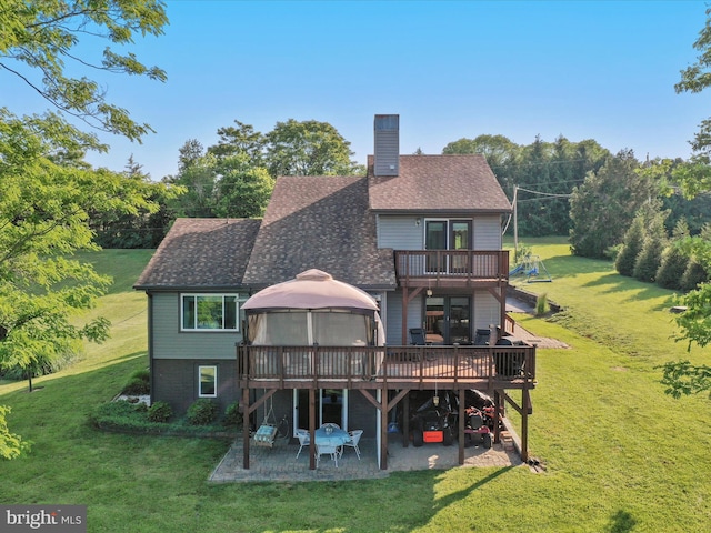 123 Windy Meadows Ct, Front Royal, VA 22630 - rear view of property with a wooden deck, a chimney, a gazebo, a patio area, and a lawn