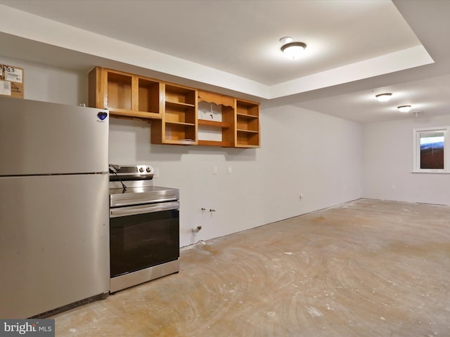 123 Windy Meadows Ct, Front Royal, VA 22630 - kitchen with freestanding refrigerator, electric stove, unfinished concrete flooring, and open shelves
