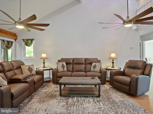 123 Windy Meadows Ct, Front Royal, VA 22630 - living room featuring a ceiling fan, wood finished floors, and high vaulted ceiling