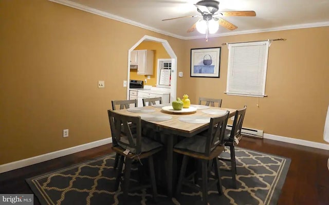 1238 Fox Hill Rd, State College, PA 16803 - dining room with baseboards, ceiling fan, dark wood-style flooring, arched walkways, and ornamental molding