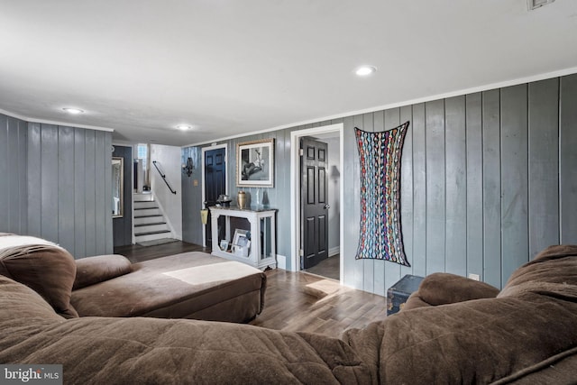 2300 Andover Rd, Cinnaminson, NJ 08077 - living area with stairway, wooden walls, wood finished floors, crown molding, and recessed lighting