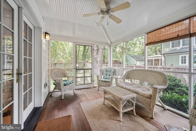 103 E Monroe Ave, Alexandria, VA 22301 - sunroom / solarium featuring a ceiling fan, french doors, and vaulted ceiling